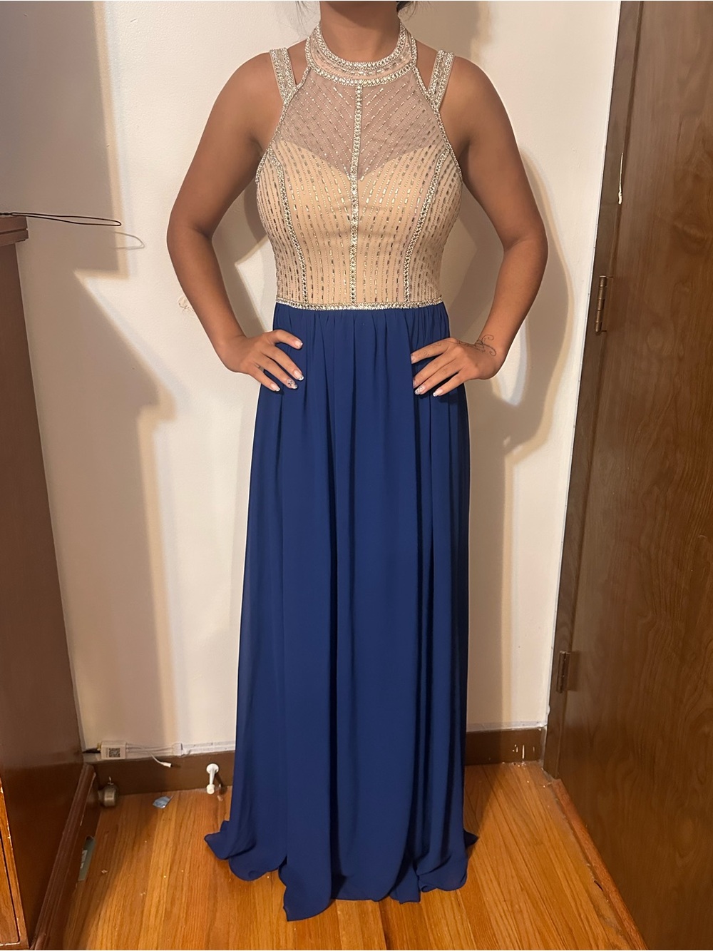 Beaded Navy and Nude Illusion Halter Prom Dress